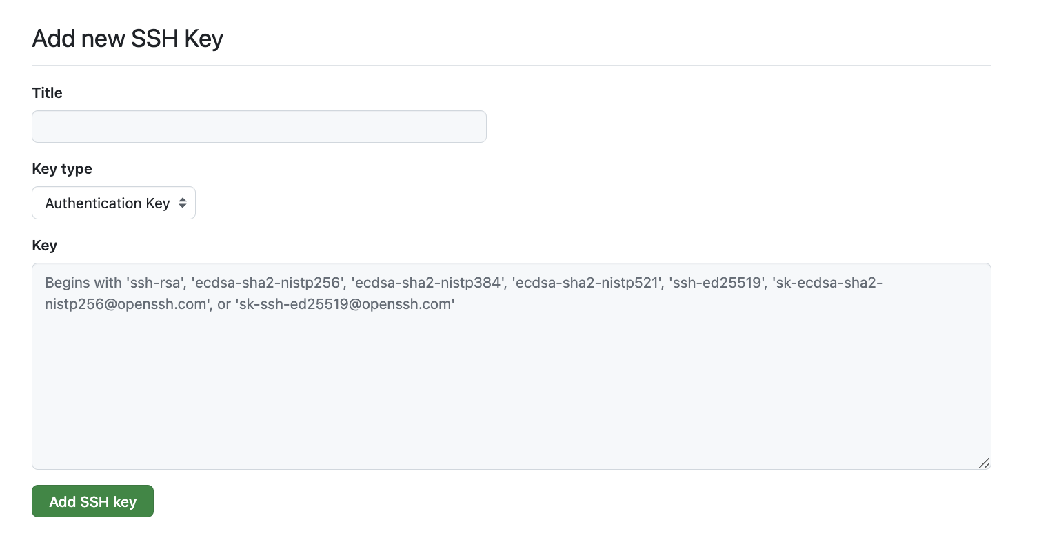 "SSH keys / Add new" page on GitHub